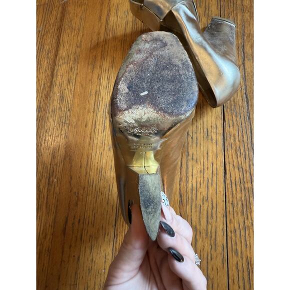 Yves Saint Laurent Shoes Womens Size 38 Gold Peep Toe Platform High Heels Italy - Picture 8 of 11